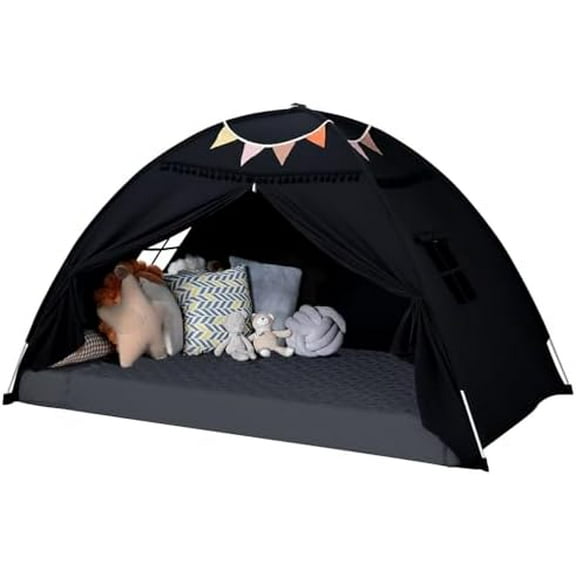 Twin Size Bed Canopy: Lights & Flags Indoor Floor Bed Kids Tent Playhouse - Portable & Foldable Twin Bunk Curtains - Girls & Boys Bedroom Privacy Space Blackout Tents Slumber Gifts (Black)