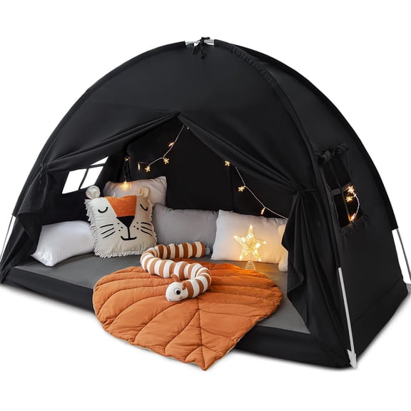 Twin Size Bed Canopy Toddler, Kids Bed Tents Indoor Dream Tent on Bunk Bed Privacy Space Blackout Sleeping Tents Portable Drafty Floor Playhouse for Boys Girl Birthday, House Gift, Black