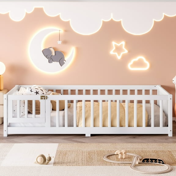 Twin Size Bed Floor Bed with Safety Guardrails and Door, White