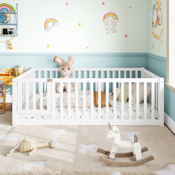 Twin Size Bed Floor Bed with Safety Guardrails and Door, White