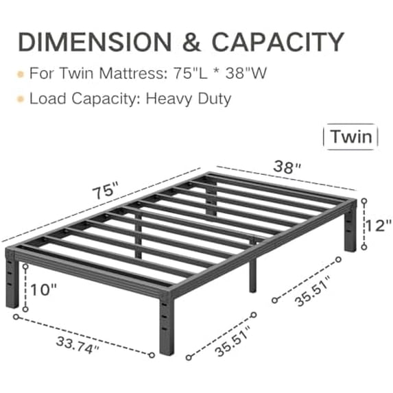 Twin Size Bed Frame 12" High Heavy Duty Platform Bed Frame,Sturdy Steel Frame,No Box Spring Needed,Noise-Free,Easy Assembly