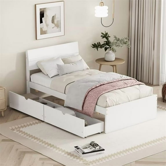 Twin Size Bed Frame with 2 Drawers, Wooden Platform Bed with High Gloss Headboard and Footboard, Modern Bed Frame for Boys Girls Adults Bedroom, No Box Spring Needed, White