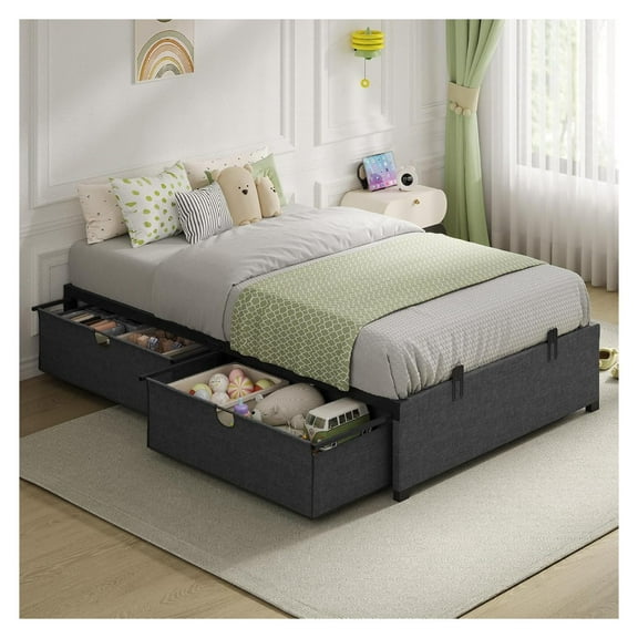 Twin Size Bed Frame with 2 Large Storage Drawers, Platform Storage Twin Bed, Metal Drawer Slides, Heavy Duty Steel Slats, No Box Spring Needed, Quick Assembly System, Dark Grey & Black Twin (2 Drawer)