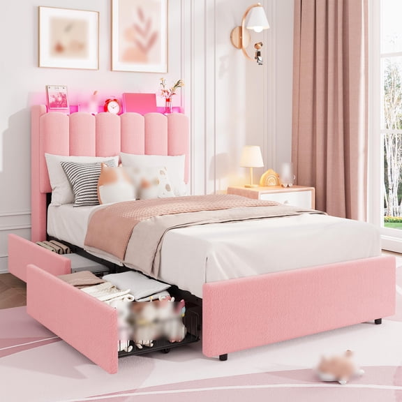 Twin Size Bed Frame with 2 Storage Drawers, Upholstered Bed Frame with Wavy Headboard&LED Lights,Upholstered Platform Bed for Girls/Boys,Wooden Slat Support,No Box Spring Needed