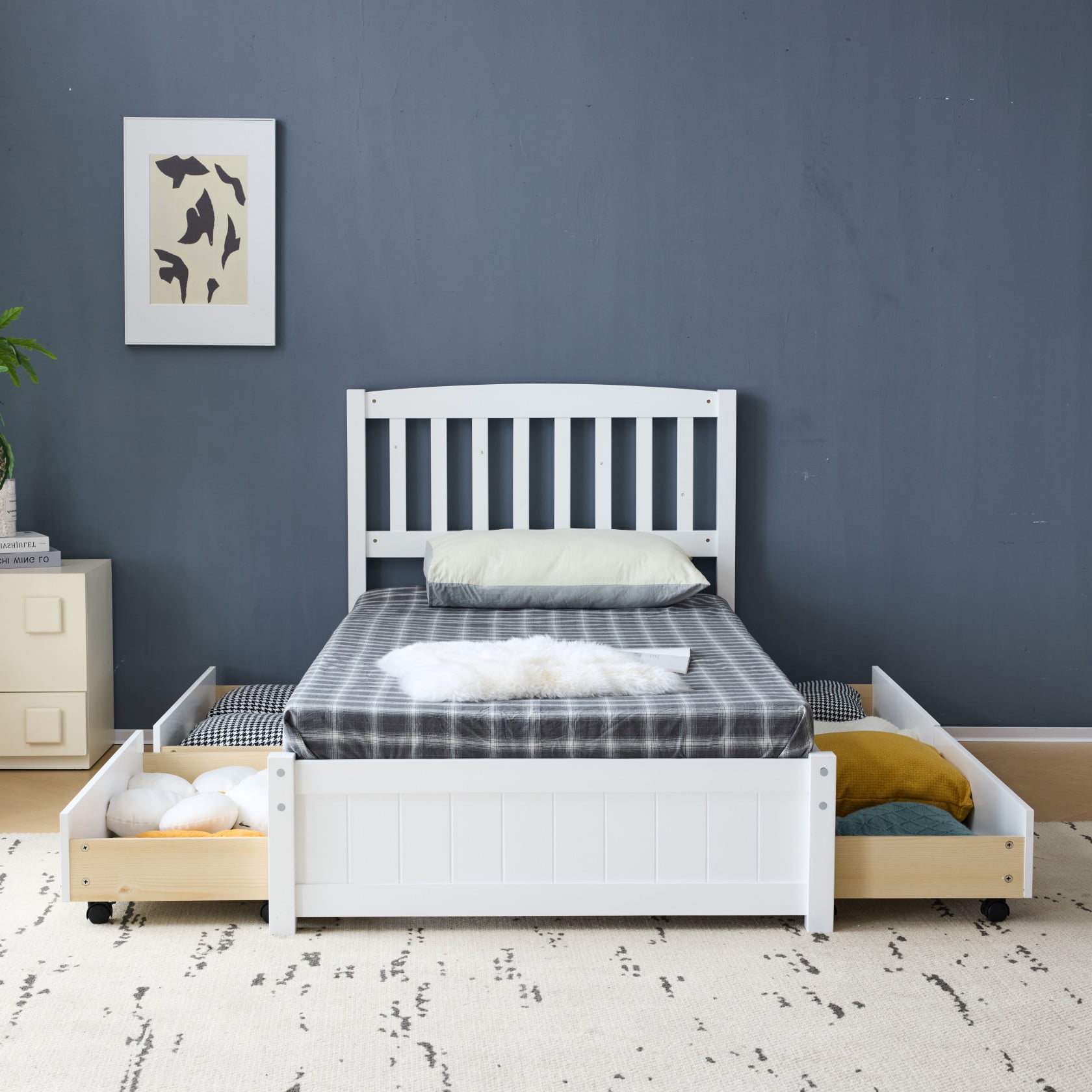 Twin Size Bed Frame with 4 Drawers on Wheels and Headboard, Twin Wood