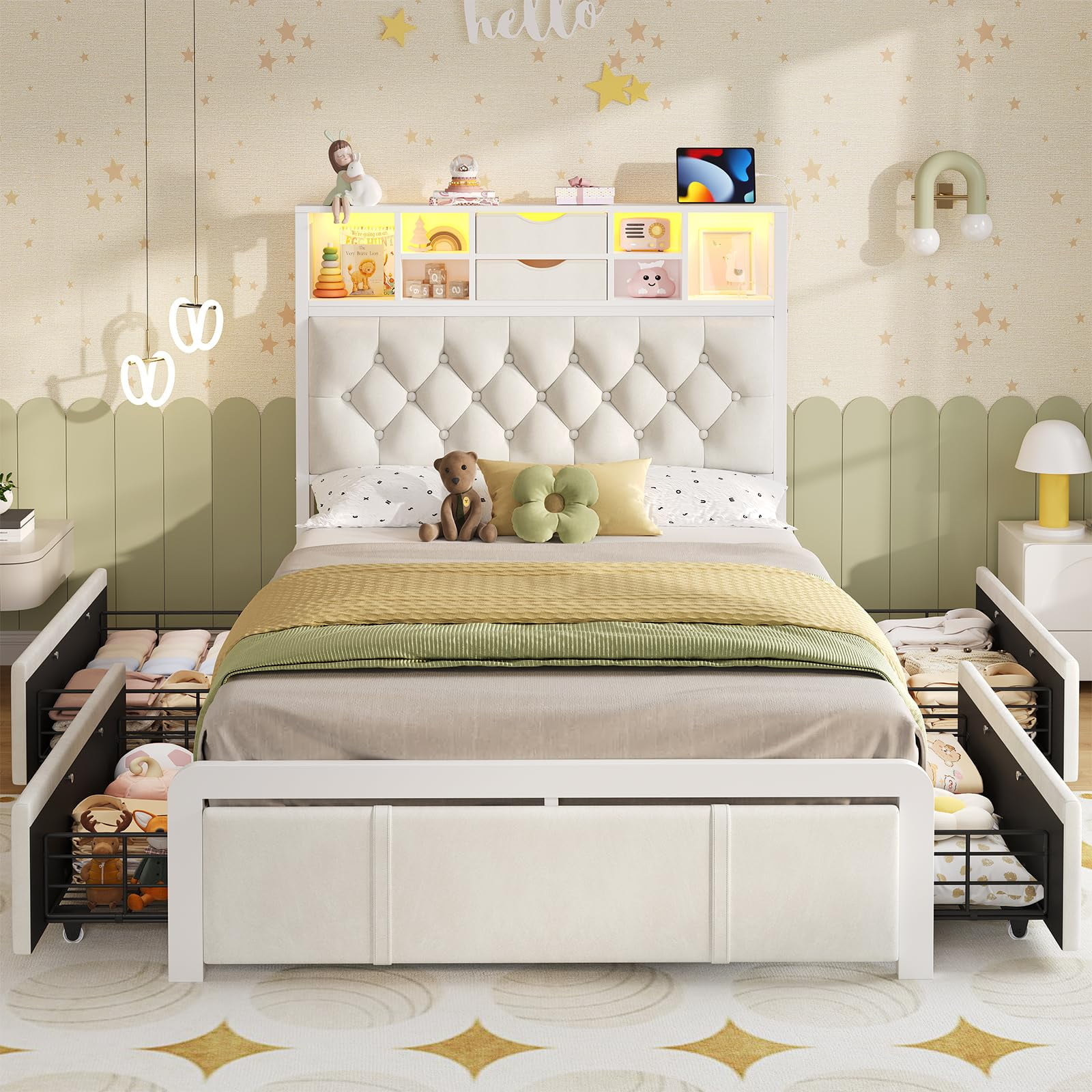 Twin Size Bed Frame with 4 Storage Drawers and Headboard,Upholstered ...