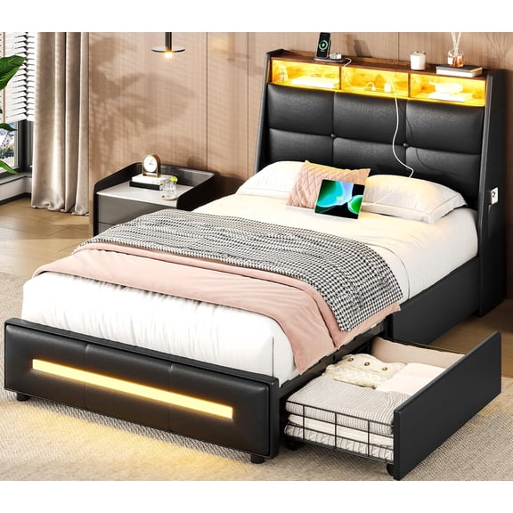 Twin Size Bed Frame with 4 Storage Drawers and LED Lights, Upholstered Platform Bed with Button Tufted Wingback Headboard and Charging Station, No Box Spring Needed, Black