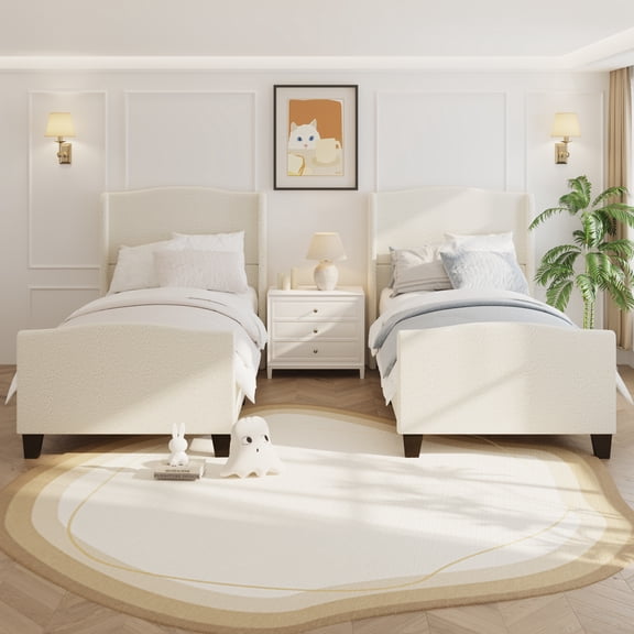 Twin Size Bed Frame with 49.21"High Back Upholstered Headboard and 27.17" High Footboard,Teddy Velvet,12 Slat Support,Solid Wood Feet,No Box Spring Needed(white)