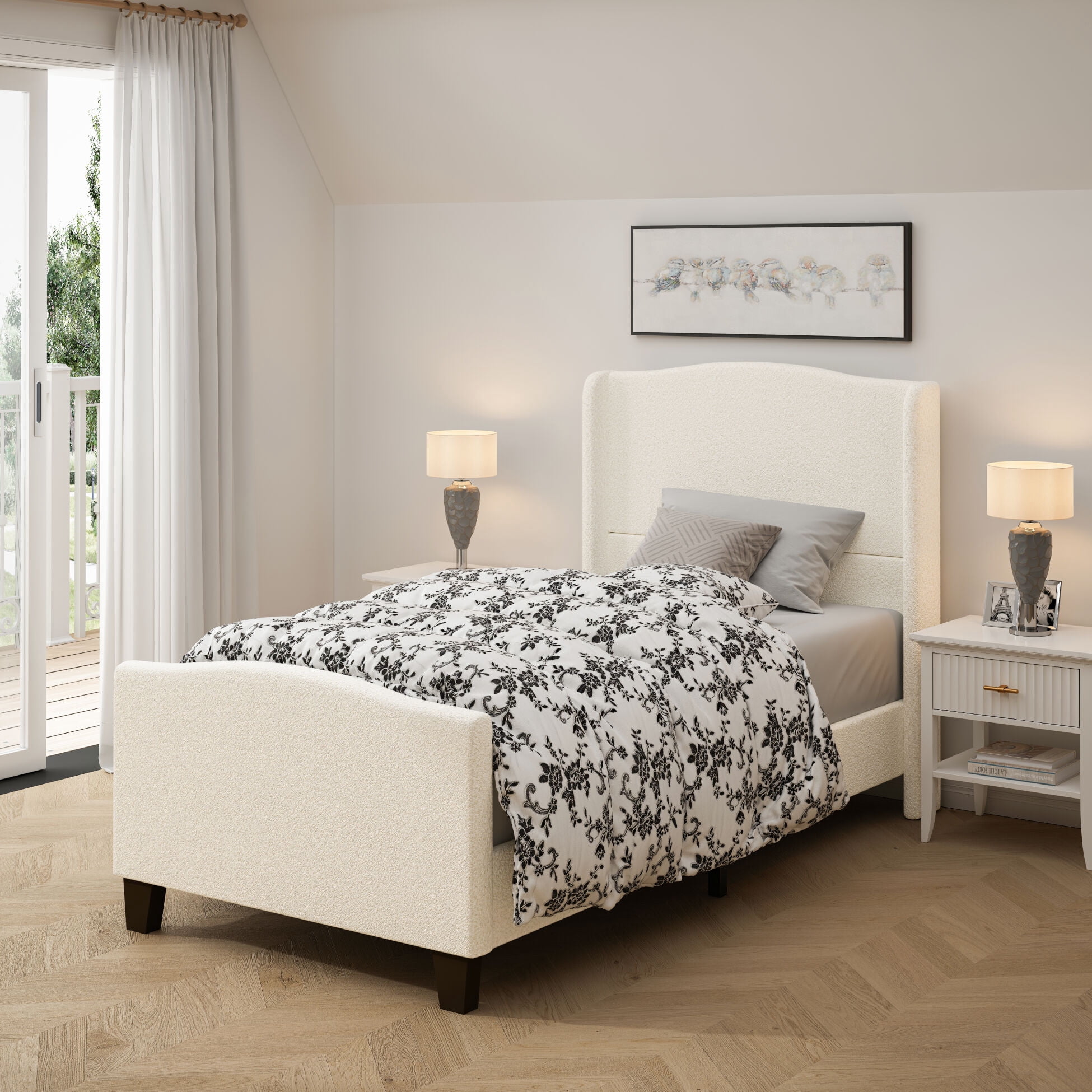 Twin Size Bed Frame with 55.5"H Headboard, Boucle Upholstered Wingback ...