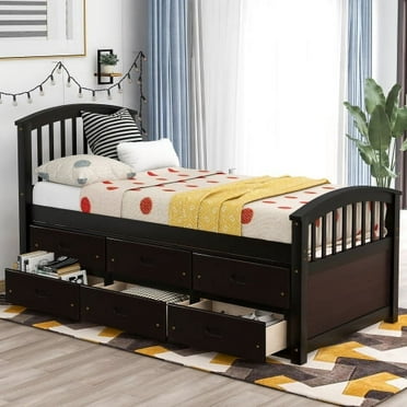 Twin Size Bed Frame with 6 Storage Drawers, Twin Daybed with Storage, Solid Wood Captains Bed Frame for Kids, Teens, Adults, No Box Spring Needed (Twin, Espresso)