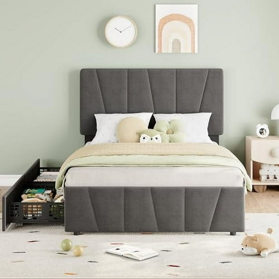 Twin Size Bed Frame with Adjustable Headboard and 2 Storage Drawers,Upholstered Platform Bed Frame with Wooden Slats Support,No Box Spring Needed,Noiseless Grey