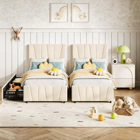 Twin Size Bed Frame with Adjustable Headboard and 2 Storage Drawers, Velvet Upholstered Tufted Twin Bed Frames with Wooden Slats Support, Bedframe No Box Spring Needed, 2 Set Beige/Cream