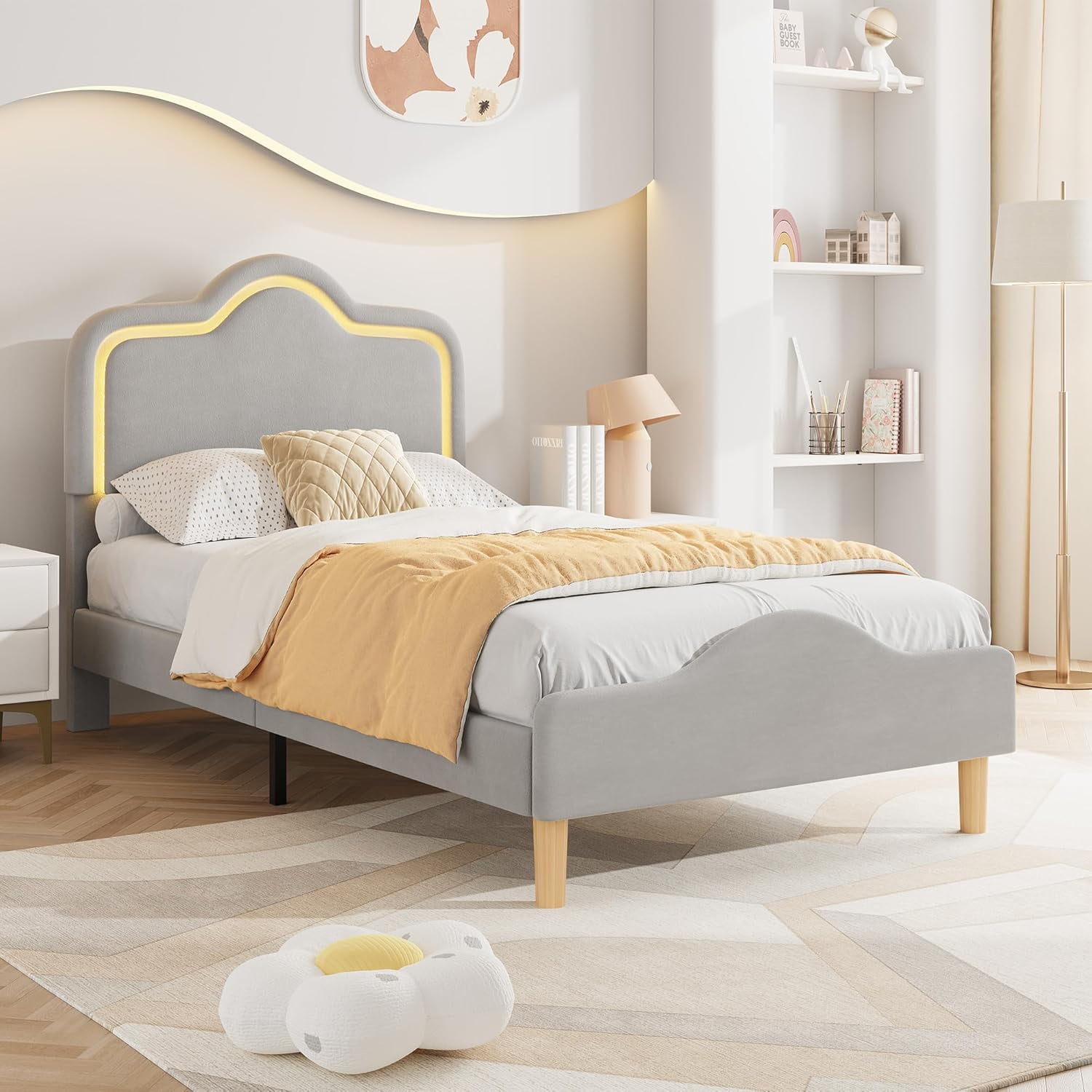 Twin Size Bed Frame with Adjustable LED Headboard and Footboard, Velvet Upholstered Princess Platform Bedframe /, Wooden Slats Support, No Box Spring Needed, Gray