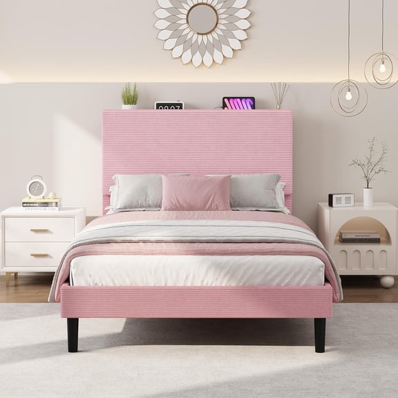 Twin Size Bed Frame with Adjustable Upholstered Headboard, Platform Bed Frame with Storage Shelf and Charging Station, Strong Wood Slats, No Box Spring Needed, Noise-Free, Pink