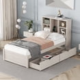thumbnail image 1 of Twin Size Bed Frame with Built-in USB Port on Bookcase Headboard and 2 Drawers, Solid Wood Platform Bed with Storage Headboard for Boys/Girls/TeensBedroom, No Box Spring Needed, White Washed, 1 of 7