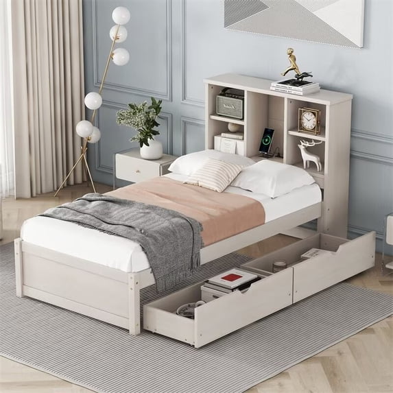 Twin Size Bed Frame with Built-in USB Port on Bookcase Headboard and 2 Drawers, Wooden Platform Bed with Slats Support for Bedroom, No Box Spring Needed, White Washed