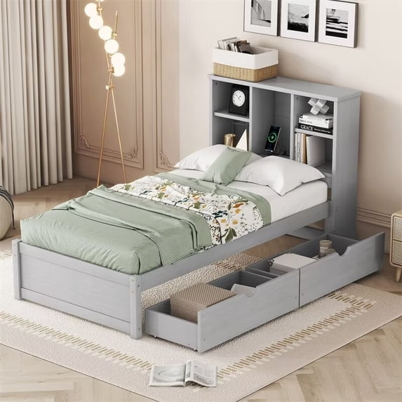 Twin Size Bed Frame with Built-in USB Port on Bookcase Headboard and 2 Drawers, Wooden Platform Bed with Slats Support for Bedroom, No Box Spring Needed, Grey