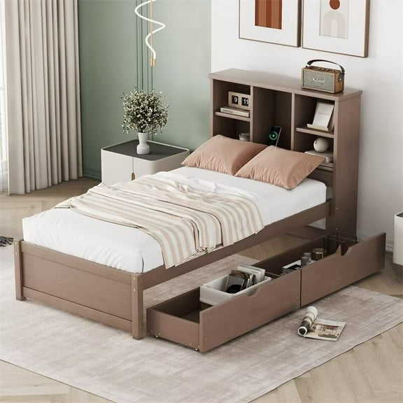 Twin Size Bed Frame with Built-in USB Port on Bookcase Headboard and 2 Drawers, Wooden Platform Bed with Slats Support for Bedroom, No Box Spring Needed, Walnut