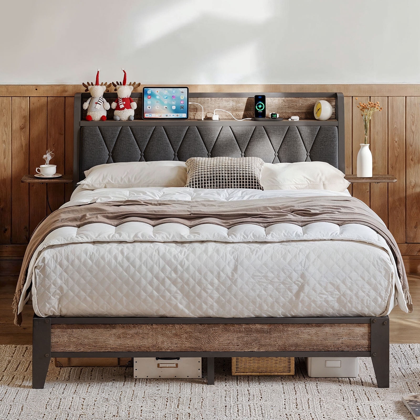 Queen Size Bed Frame with Charging Station, Ergonomic Upholstered Headboard with Side Storage Shelf, Metal Slats Support, Twin Platform Bed Frame, No Box Spring Needed, Black