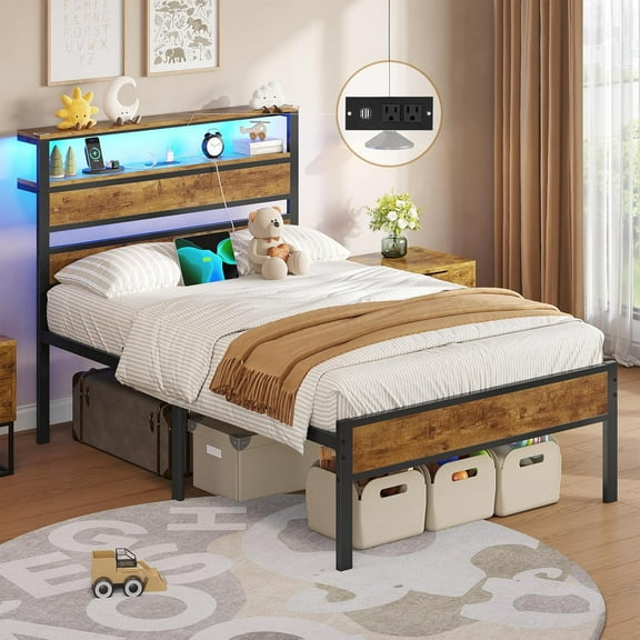 Twin Size Bed Frame with Charging Station and LED Light, Twin Platform Bed Frame with Metal Slats,Farmhouse Wood Headboard with 2-Tier Storage Shelves, No Box Spring Need, Easy Assembly