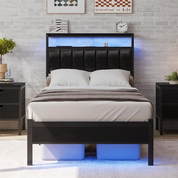 Twin Size Bed Frame with Charging Station and LED Lights, White Upholstered Headboard with 2-Tier Storage Shelves, Metal Bed Frame with Headboard, No Box Spring Needed, Easy Assembly,Black