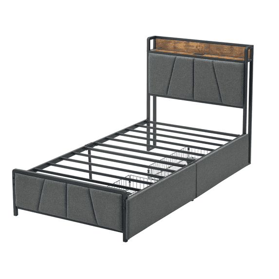 Twin Size Bed Frame with Charging Station, Platform Bed with Metal Slats, Grey Upholstered Headboard with 2 Storage Drawers, No Box Spring Needed, Heavy Duty, Easy to Assemble