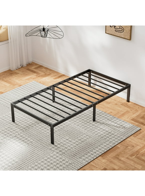 Twin Size Bed Frame Classic Metal High Platform Bedframes  Iron-Art Headboard/Footboard/Under Bed Storage, 14 Inch High