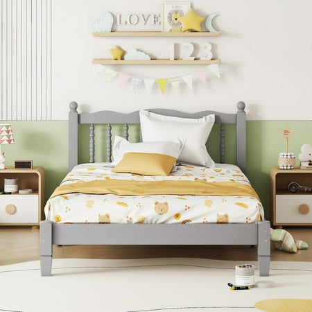 Twin Size Bed Frame with Column Headboard, Wooden Platform Bed Frame with Sturdy Bed Slats Support, Bed Frame with Under Bed Storage, No Box Spring Needed, Noise-free Design, Easy Assembly, Gray