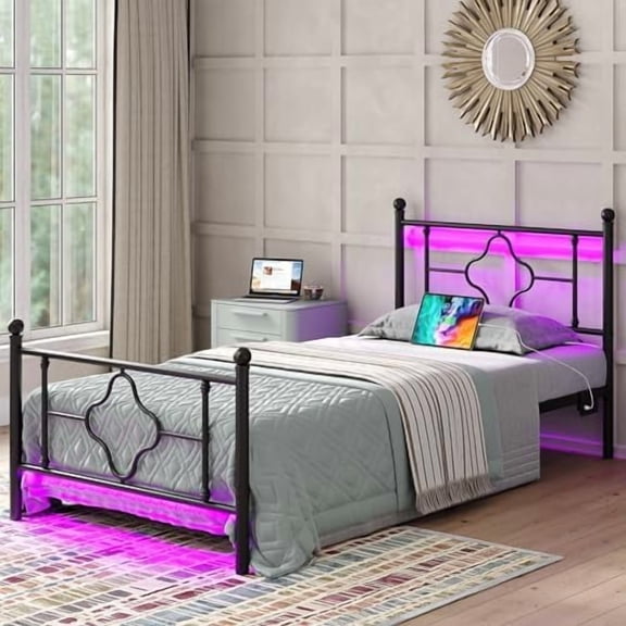 Twin Size Bed Frame with Headboard and Footboard, Classic Metal Platform Bed Frame with Charging Station LED Lights, Heavy Duty Slat Support Metal Bed, Retro Black
