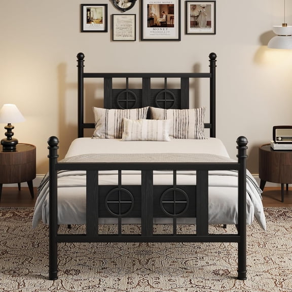 Twin Size Bed Frame with Headboard and Footboard, Metal Twin Bed Frame w/Vintage Circular Design & Storage Space Under Bed, No Box Spring Required, Easy Assembly, Noise-Free (Black, Twin)