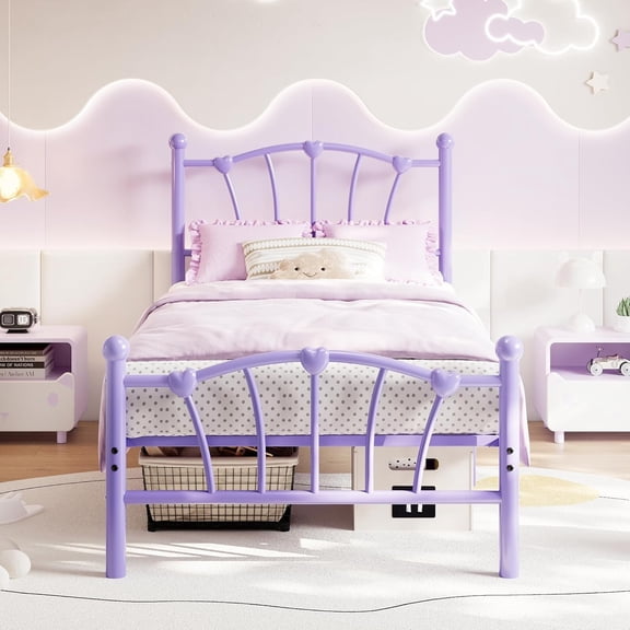 Twin Size Bed Frame, Heart Shaped Metal Bed Frame with Headboard and Footboard, Platform Bed Frame with Sturdy Slat Support, Underbed Storage Space, No Box Spring Needed, Purple