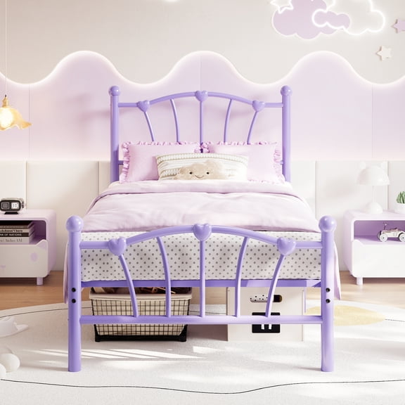 Twin Size Bed Frame, Heart Shaped Metal Bed Frame with Headboard and Footboard, Platform Bed Frame with Sturdy Slat Support, Underbed Storage Space, No Box Spring Needed, Purple