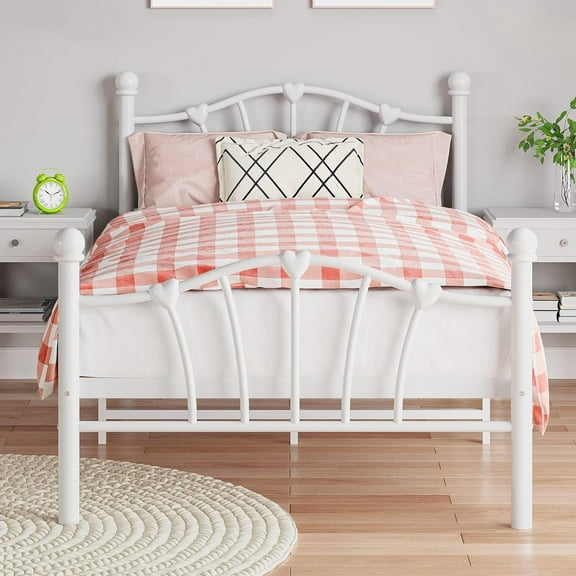 Twin Size Bed Frame, Heart Shaped Metal Platform with Headboard & Footboard, Underbed Storage, White, No Box Spring