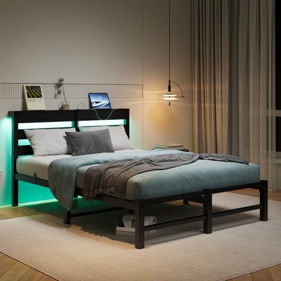 Twin Size Bed Frame Heavy Duty Platform Bed Frame with Headboard, USB Charging Station, LED Bed, No Box Spring Needed, Mattress Foundation, Strong Steel Slats, Noise Free, Black