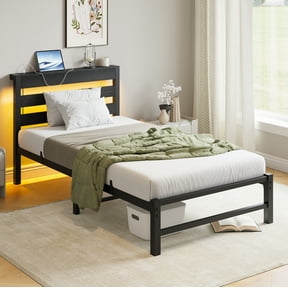 Twin Size Bed Frame Heavy Duty Platform Bed Frame with Headboard, USB Charging Station, LED Bed, No Box Spring Needed, Mattress Foundation, Strong Steel Slats, Noise Free, Black