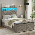 thumbnail image 1 of Twin Size Bed Frame with High Headboard, Farmhouse Platform Bed with LED Lights and Charging Station,Twin Bed Frame with Storage Ottoman, No Box Spring Needed, Rustic Oak, 1 of 8