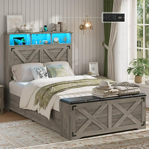 Twin Size Bed Frame with High Headboard, Farmhouse Platform Bed with LED Lights and Charging Station,Twin Bed Frame with Storage Ottoman, No Box Spring Needed, Rustic Oak