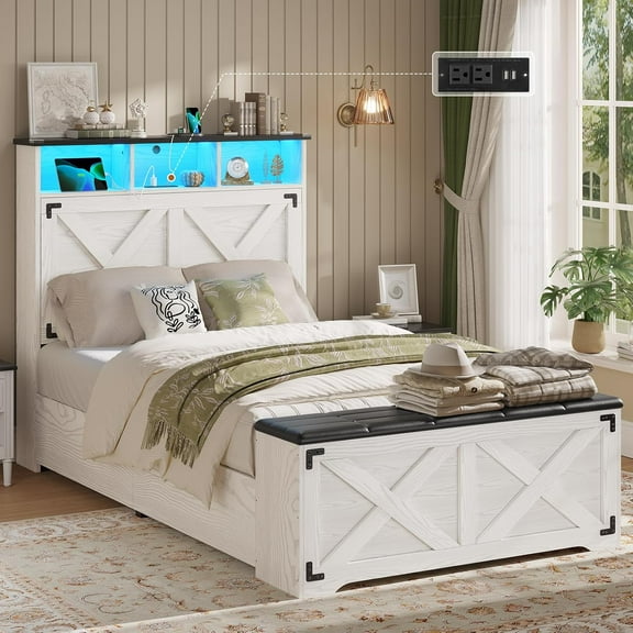 Twin Size Bed Frame with High Headboard, Farmhouse Platform Bed with LED Lights and Charging Station, Twin Bed Frame with Storage Ottoman, No Box Spring Needed, White