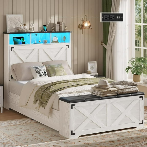 Twin Size Bed Frame with High Headboard, Farmhouse Platform Bed with LED Lights and Charging Station, Twin Bed Frame with Storage Ottoman, No Box Spring Needed, White