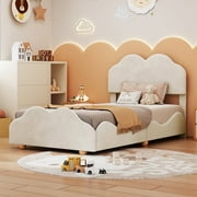 Twin Size Bed Frame for Kids Velvet Upholstered Platform Bed with Cloud Shaped Bed Board, Twin Cute Platform Bed with Special Round Legs Support for Boys Girls Bedroom, Beige