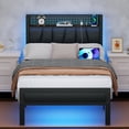 thumbnail image 1 of Twin Size Bed Frame with LED Light and Charging Station, Grey Upholstered Storage Headboard with Shelf, Metal Platform Bed with Heavy Duty Slats, No Box Spring Needed, Noise Free, 1 of 18