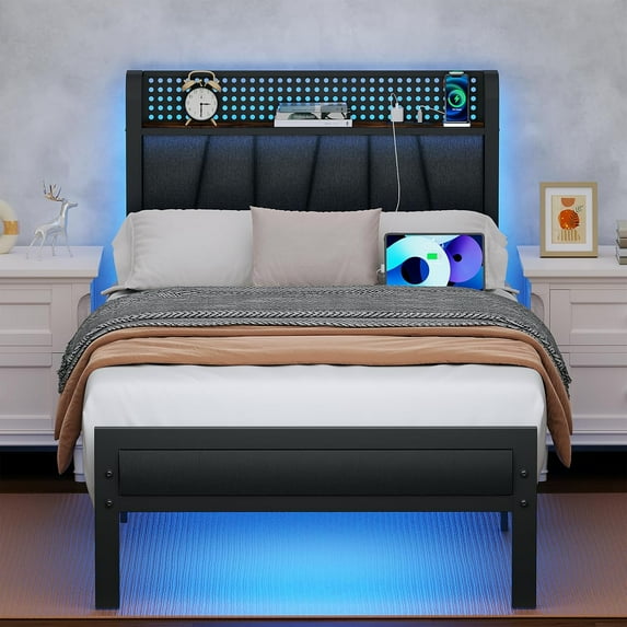 Twin Size Bed Frame with LED Light and Charging Station, Grey Upholstered Storage Headboard with Shelf, Metal Platform Bed with Heavy Duty Slats, No Box Spring Needed, Noise Free