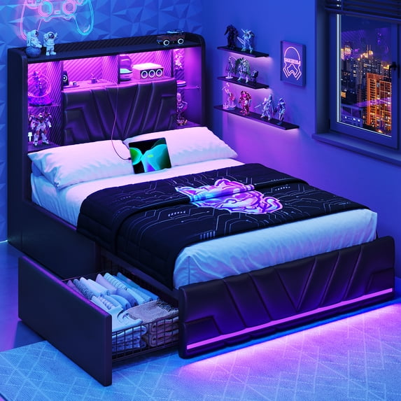 Twin Size Bed Frame with LED Lights & Charging Station & Bookcase Headboard, Gaming Beds with 2 Storage Drawers, Esports-Style Upholstered Platform Twin Bed Frames, No Box Spring Needed, Black