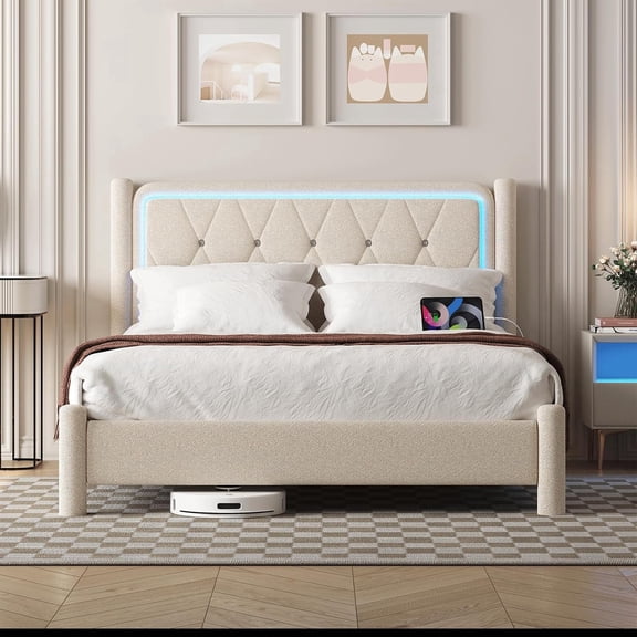 Twin Size Bed Frame with LED Lights and Charging Station, Fabric Upholstered Platform with Headboard, Upholstered Teddy Fabric with Charging Station, No Box Spring Required, Easy Assembly, Beige