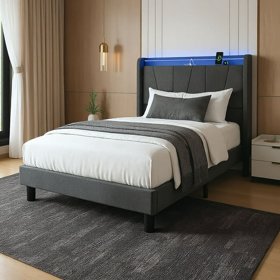 Twin Size Bed Frame with LED Lights and Charging Station, Fabric Upholstered Platform Twin Bed Frame with Headboard, No Box Spring Needed Bedframe, Noise Free, Easy Assembly, Gray