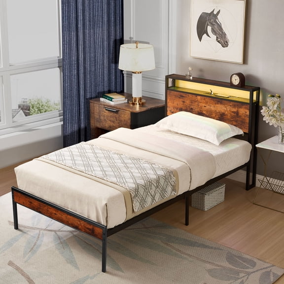 Twin Size Bed Frame with LED Lights, Charging Station and Storage Headboard, Metal Platform Bed Frame with Heavy Metal Slats, No Box Spring Needed, 10'' Under Bed Storage, Easy Assembly, Black+ Brown