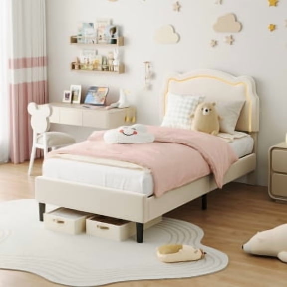 Twin Size Bed Frame with LED Lights,Platform Bed with Height Adjustable Bear-Shaped Upholstered Headboard,Twin Platform Bed Frame,No Box Spring Needed,Noise Free