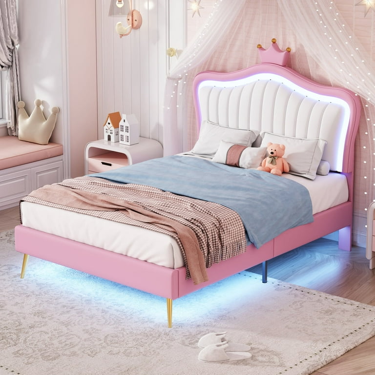 Twin Size Bed Frame with LED Lights Princess Bed with Crown Headboard PU Leather Upholstered Platform Bed for Girls Teens Adults 350LBS Weight