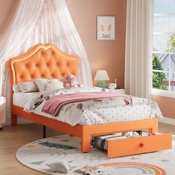Memoryfield Twin Size Bed Frame with LED Lights & Velvet Crystal Button Headboard, Upholstered Platform Bed with Storage Drawer, Noise Free, No Box Spring Needed, Orange