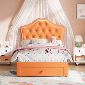 Twin Size Bed Frame with LED Lights & Velvet Crystal Button Headboard, Upholstered Princess/Girl Platform Bed with Storage Drawer, Noise Free, No Box Spring Needed